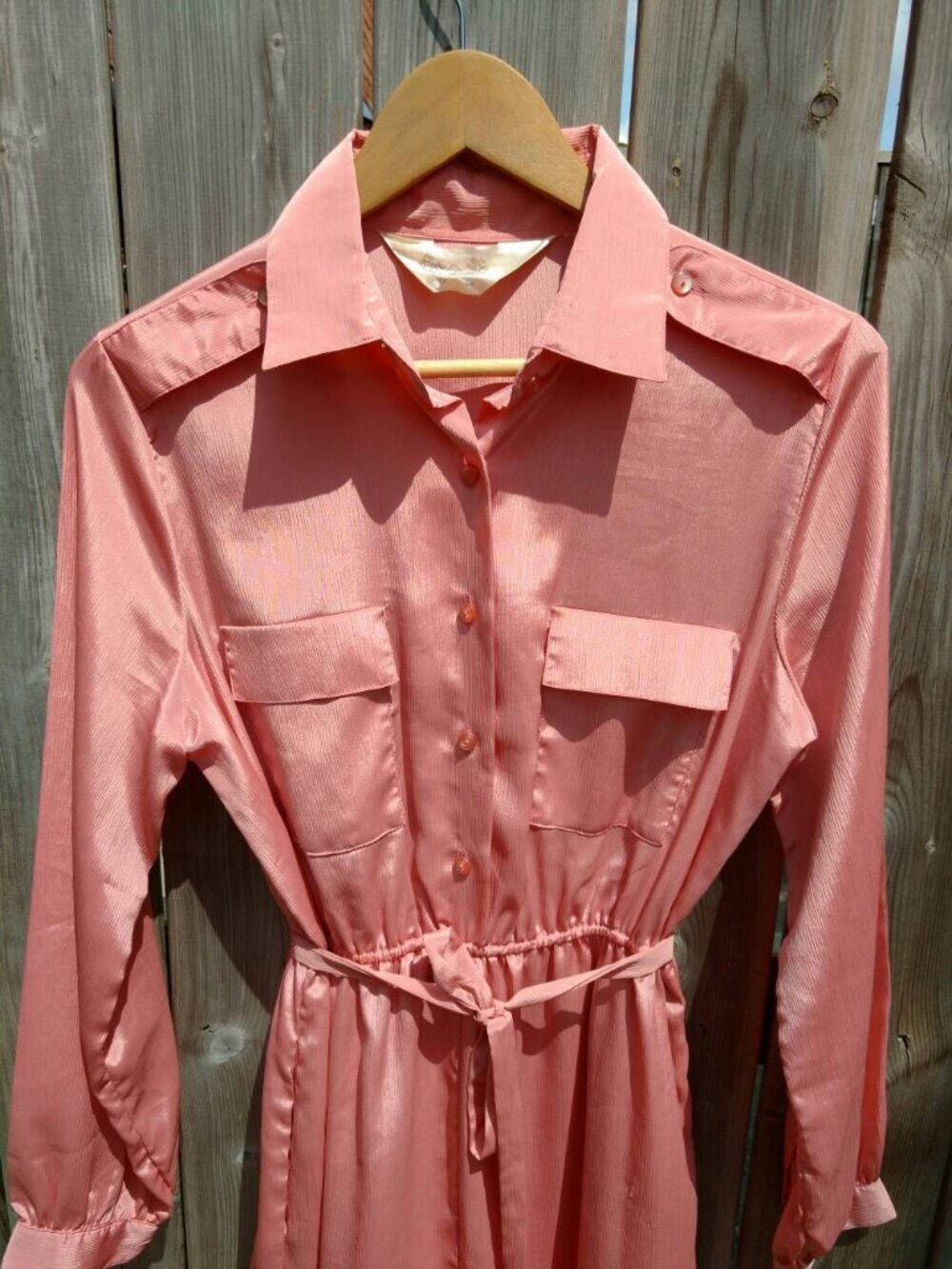 Vintage Pink Silky Dress 38" Bust Secretary Collar Pockets Long Sleeves - Picture 2 of 10